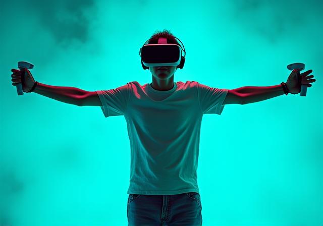 VRヘッドセットを装着して楽しむ人